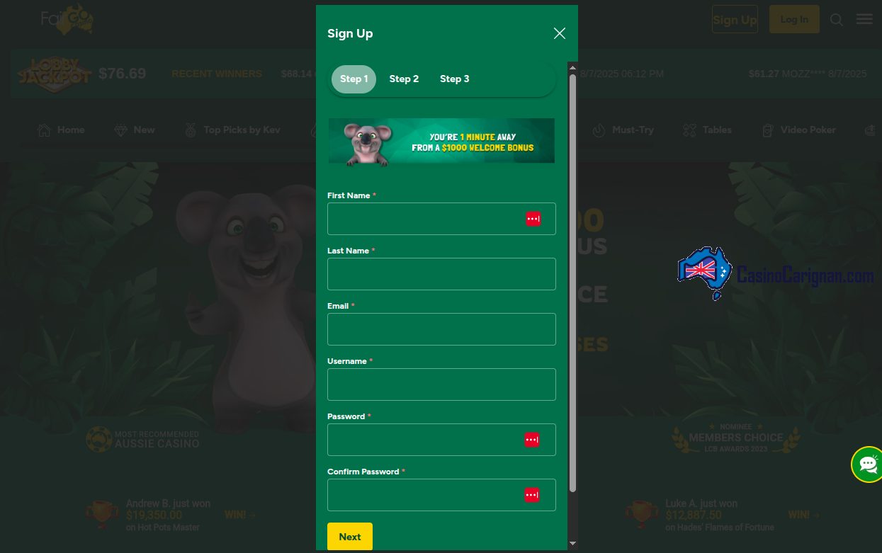 Create an Account at Fair Go Casino – Sign Up Form