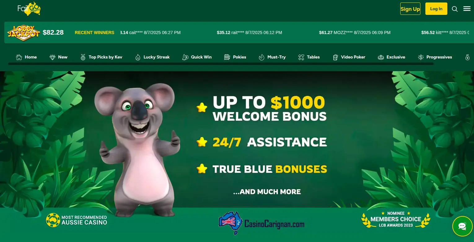 Screenshot of the Fair Go Casino game lobby showing various pokie titles